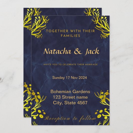 カスタマイズ可能な青と金ゴールド結婚式招待状 招待状 (正面/裏面)