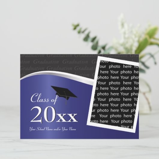 カスタマイズ可能な青と黒の卒業招待状 招待状 (スタンド正面)