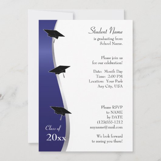 カスタマイズ可能な青と黒の卒業招待状 招待状 (裏面)