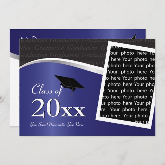 カスタマイズ可能な青と黒の卒業招待状 招待状 (正面/裏面)