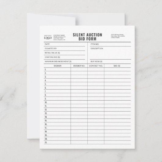 カスタマイズ可能な静かロゴオークション入札型枠テンプレート 招待状 (正面)