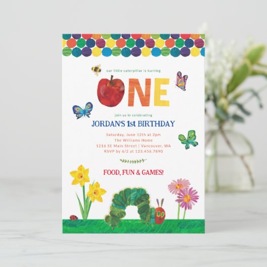 カスタマイズ可能な非常に飢えた毛虫の最初の誕生日 招待状 (スタンド正面)