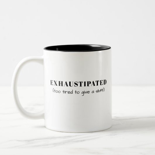 カスタマイズ可能な面白い定義のマグカップ:EXHAUSTIPATED(疲れ果てた) ツートーンマグカップ (左)