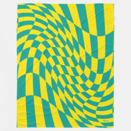 カスタマイズ可能な黄色のティール（緑がかった色）のゆ市松模様にがんだ錯覚 フリースブランケット