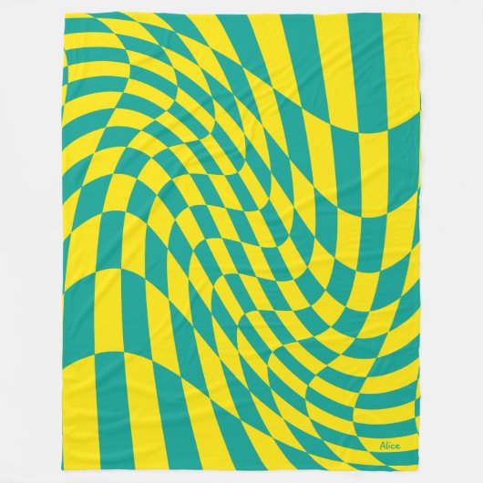 カスタマイズ可能な黄色のティール（緑がかった色）のゆ市松模様にがんだ錯覚 フリースブランケット (正面)