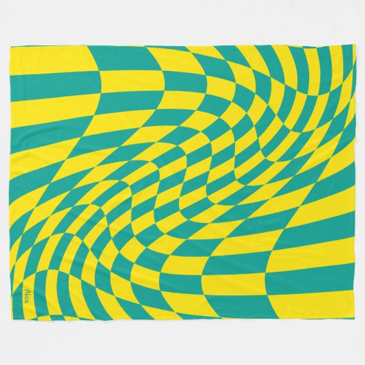 カスタマイズ可能な黄色のティール（緑がかった色）のゆ市松模様にがんだ錯覚 フリースブランケット (正面(横))