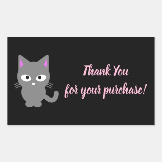 カスタマイズ可能な黒お礼グレイ猫ステッカー 長方形シール (正面)