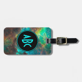 カスタマイズ可能な黒とアクアスリーレターモノグラム ラゲッジタグ (正面横)