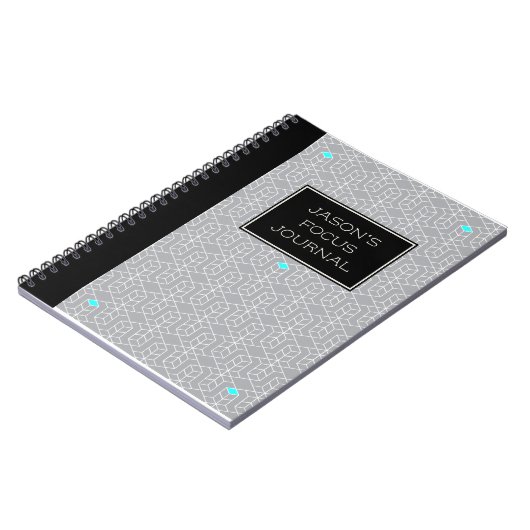 カスタマイズ可能な黒とグレーのジオメトリフォーカス ノートブック (左側)