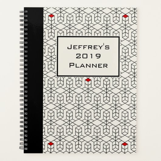 カスタマイズ可能な黒と白の幾何学的 プランナー手帳 (正面)