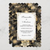 カスタマイズ可能な黒と金ゴールド結婚の 招待状 (正面/裏面)