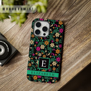 カスタマイズ可能な黒フローラピンク緑の花 iPhone 15 PRO MAXケース