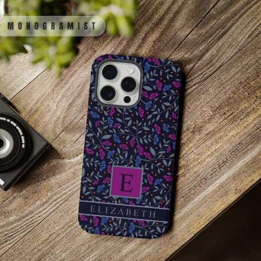 カスタマイズ可能な黒フローラ濃い紫色の青い花 iPhoneケース
