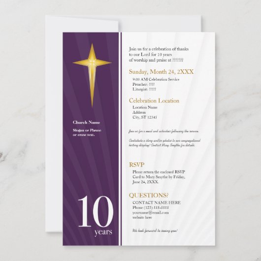 カスタマイズ可能な10年教会記念日 招待状 (裏面)