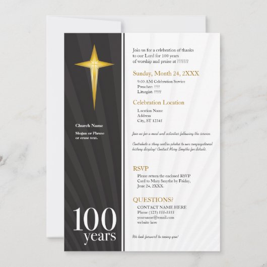 カスタマイズ可能な100年教会記念日 招待状 (裏面)
