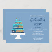 カスタマイズ可能な21th誕生日ブルーレイヤードケーキ 招待状 (正面/裏面)