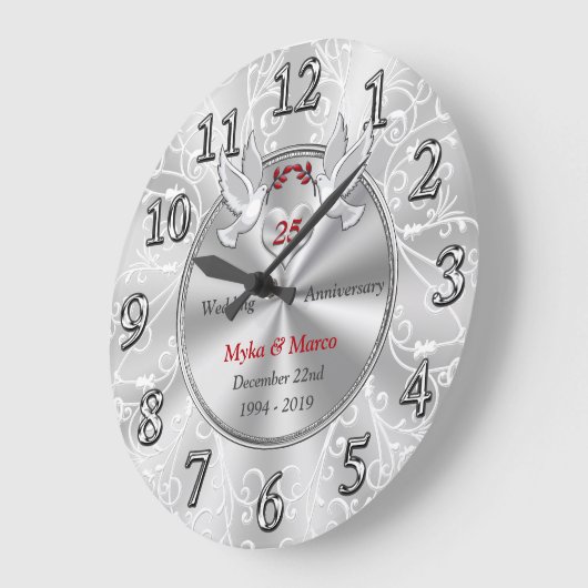 カスタマイズ可能な25年結婚記念ギフトアイディア ラージ壁時計 (傾斜)