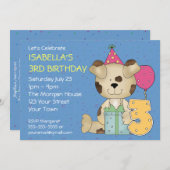 カスタマイズ可能な3歳目の誕生日の子犬 招待状 (正面/裏面)