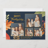 カスタマイズ可能な4家族の写真感謝祭ブルー カード (正面)