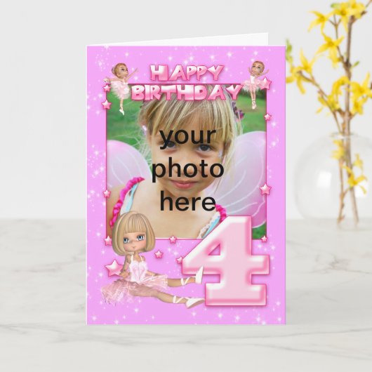 カスタマイズ可能な4歳の誕生日写真の誕生日カード、 カード (黄色い花)