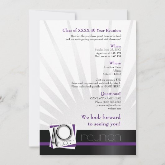 カスタマイズ可能な40年クラスの懇親会 招待状 (裏面)