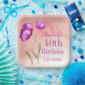 カスタマイズ可能な40th誕生日の明るいピンクの花 ペーパープレート (パーティー)