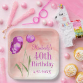 カスタマイズ可能な40th誕生日の明るいピンクの花 ペーパープレート (パーティー)