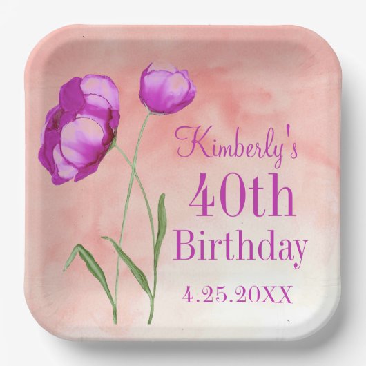 カスタマイズ可能な40th誕生日の明るいピンクの花 ペーパープレート (正面)