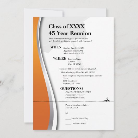 カスタマイズ可能な45年の同窓会 招待状 (裏面)