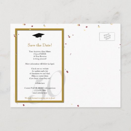 カスタマイズ可能な50年間クラス懇親会日付の保存 案内ポストカード (裏面)