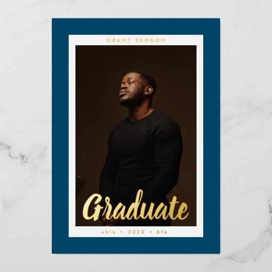 カスタマイズ可能な「大学院」写真卒業金ゴールド 箔招待状 (正面)