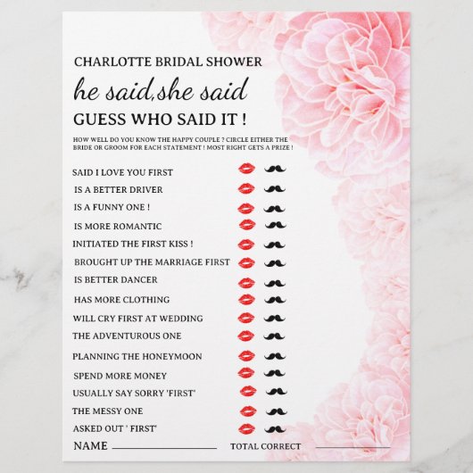 カスタマイズ可能な「彼が言った、彼女が言った」結婚前のお茶会ゲーム チラシ (正面)