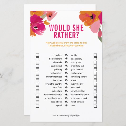 カスタマイズ可能な「彼女はむしろ」ブライダルシャワーゲーム (正面/裏面)