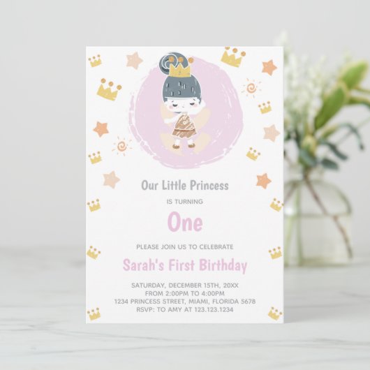 カスタマイズ可能な「私たちの小さなプリンセスの誕生日 招待状 (スタンド正面)