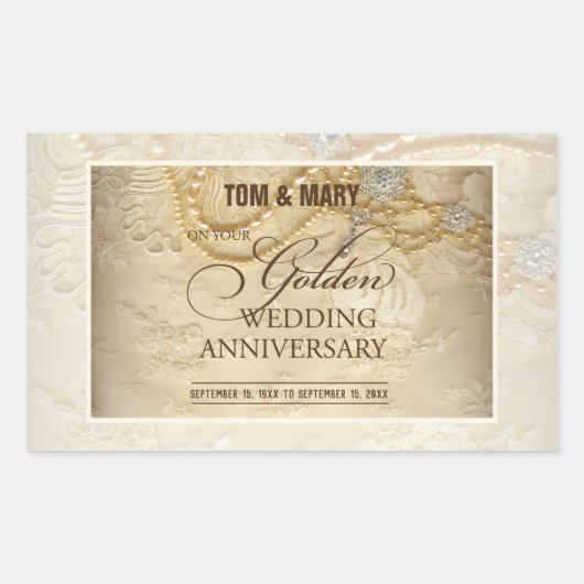 カスタマイズ可能な、50周年結婚記念日のパール 長方形シール (正面)
