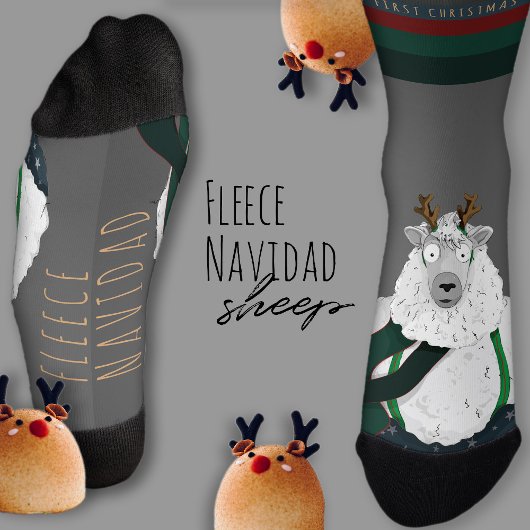 カスタマイズ可能な「Fleece Navidad」羊 おもしろ グレー ソックス