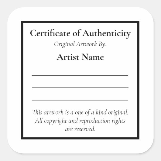 カスタマイズ可能なCertificate of Authenticity スクエアシール (正面)