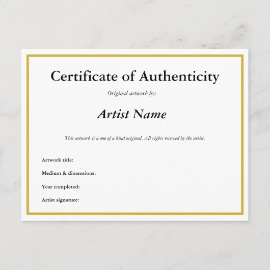 カスタマイズ可能なCertificate of Authenticity for Art ポストカード (正面)