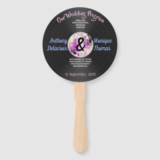 カスタマイズ可能なDisco結婚式 プログラム ハンドファン (正面)