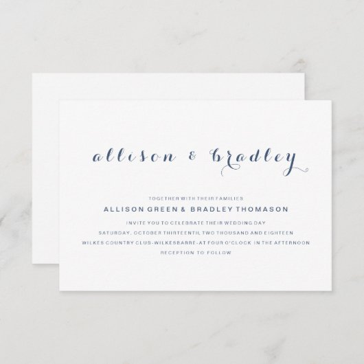 カスタマイズ可能なDusty Navyスクリプト結婚式招待状 招待状 (正面/裏面)