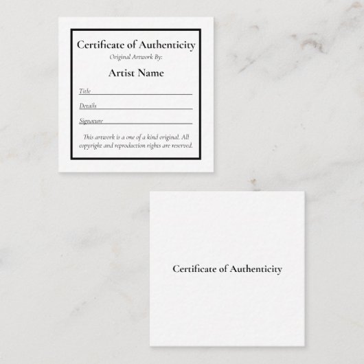 カスタマイズ可能なMini Certificate of Authenticity Art スクエア名刺 (正面/裏面)