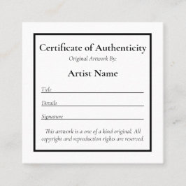 カスタマイズ可能なMini Certificate of Authenticity Art スクエア名刺