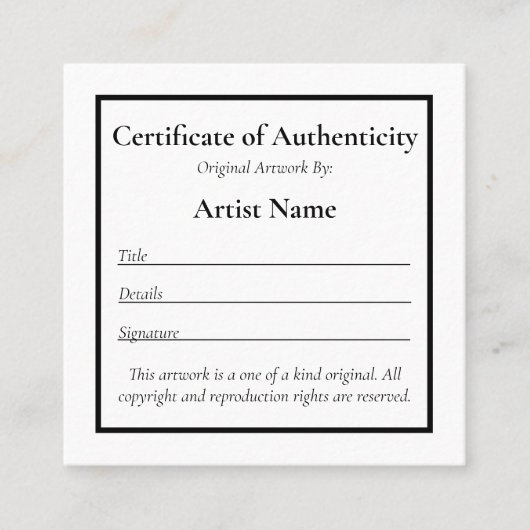 カスタマイズ可能なMini Certificate of Authenticity Art スクエア名刺 (正面)