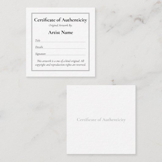 カスタマイズ可能なMini Certificate of Authenticity Art スクエア名刺 (正面/裏面)