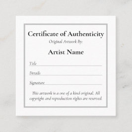 カスタマイズ可能なMini Certificate of Authenticity Art スクエア名刺