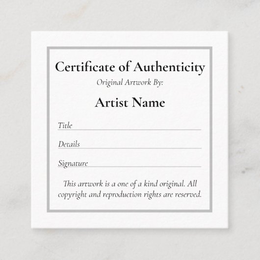 カスタマイズ可能なMini Certificate of Authenticity Art スクエア名刺 (正面)