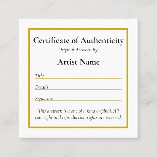 カスタマイズ可能なMini Certificate of Authenticity Art スクエア名刺 (正面)