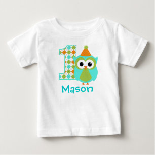 カスタマイズ可能なOwl Boy最初の誕生日シャツ1年 ベビーTシャツ