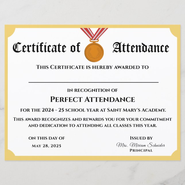 カスタマイズ可能なPerfect Attendance Award証明書 (正面)