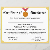 カスタマイズ可能なPerfect Attendance Award証明書